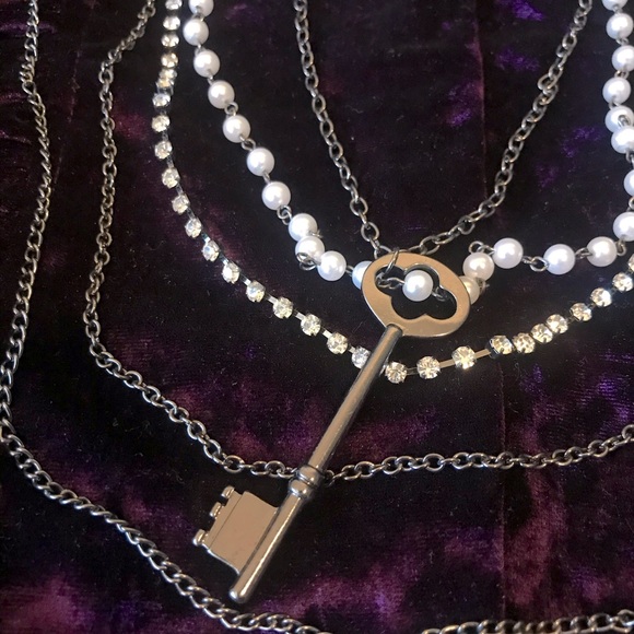 Long Layered Necklace with Pearl, Rhinestone, and Key Detail - Picture 5 of 5